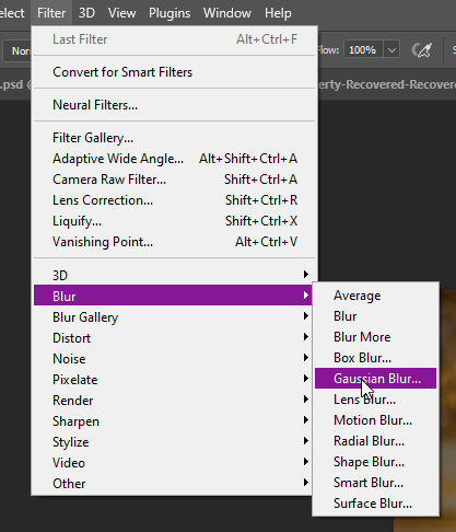 Where to find the Gaussian Blur option in Adobe Photoshop.